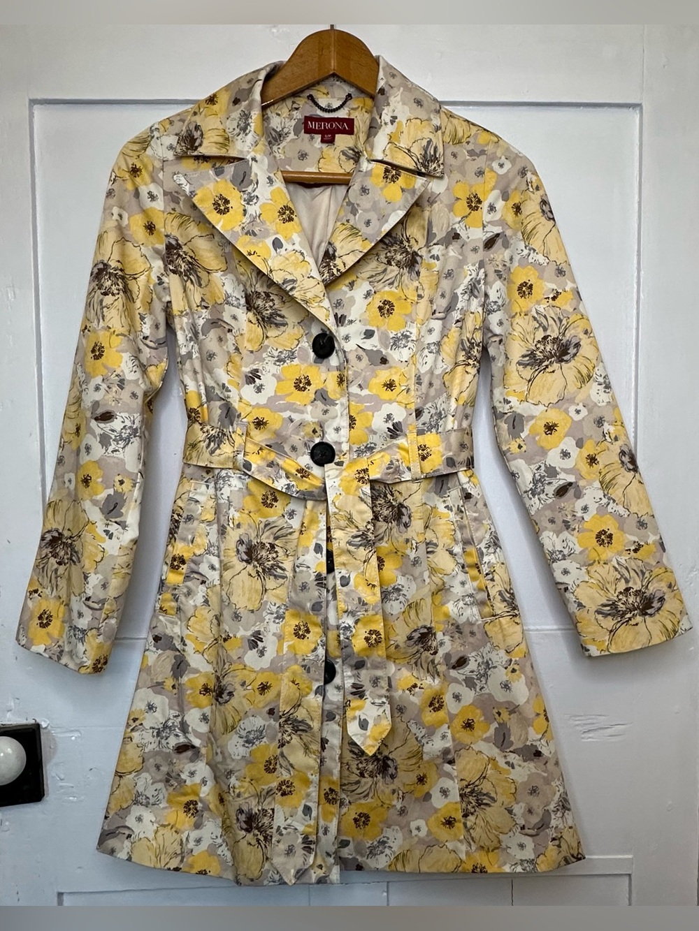 Merona Women's Yellow & Grey Floral Trench Coat Size Small